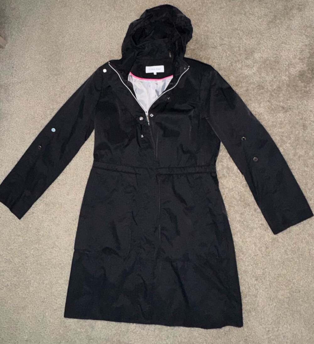 Calvin Klein Womens Black Zip Up Coat XS Optional Hood 3 Zip Pockets